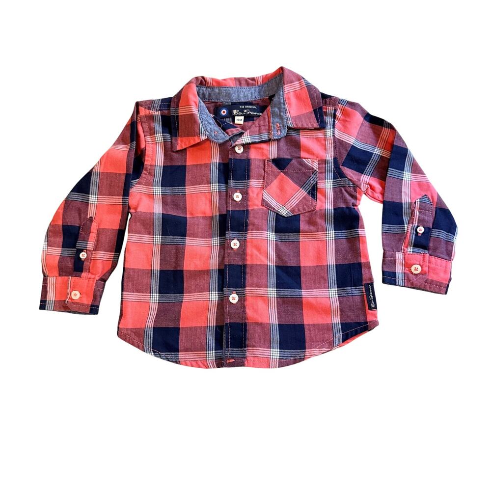 Ben Sherman infant plaid button-down shirt in size 12M orange and red